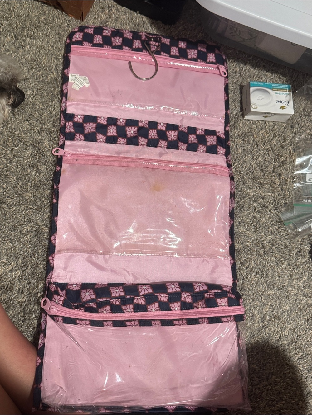 Navy & Pink Floral Checker Cosmetic Bag